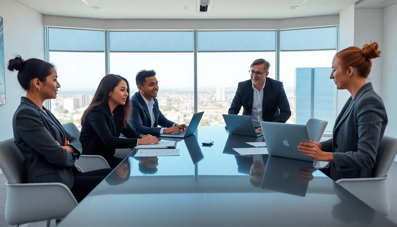 diverse mortgage team discussing solutions in a modern office.