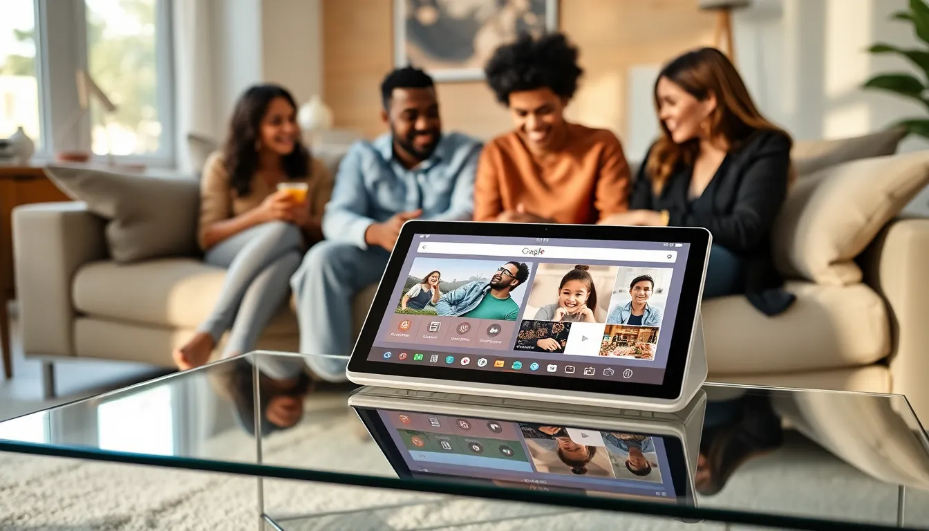 a family interacting with a Google Home Tablet in a modern living room.