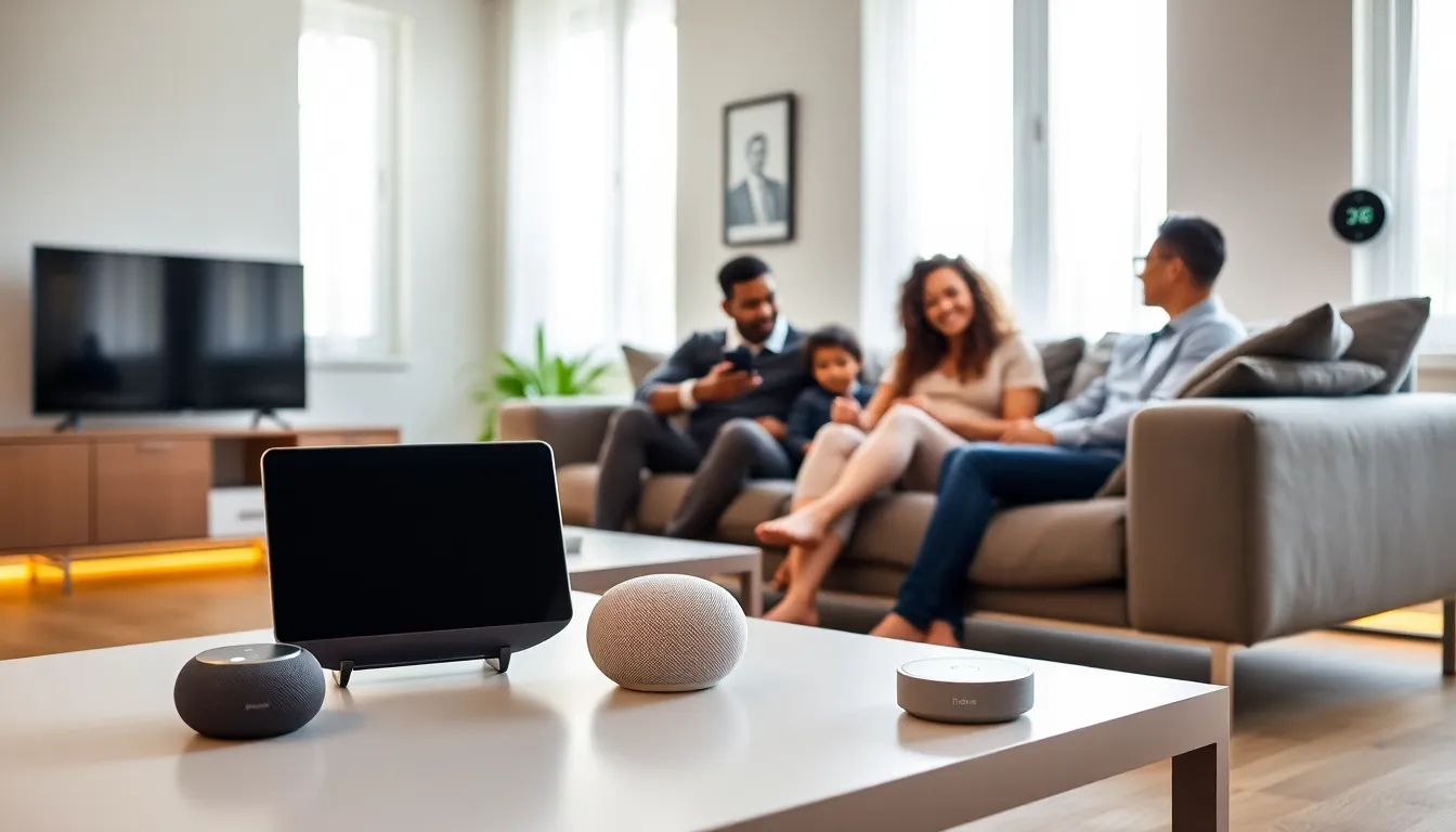 Modern living room with Google Nest smart devices in use.