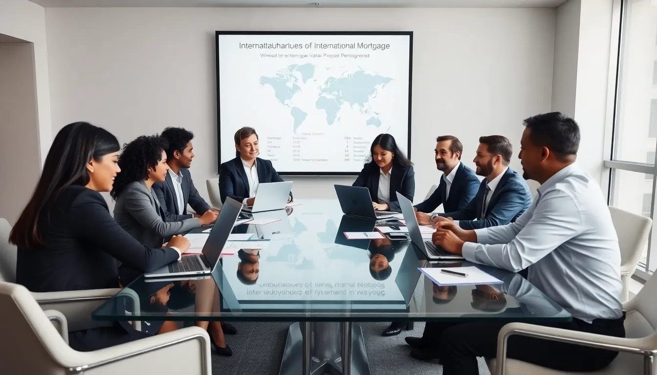 diverse team discussing international mortgages in a modern office.