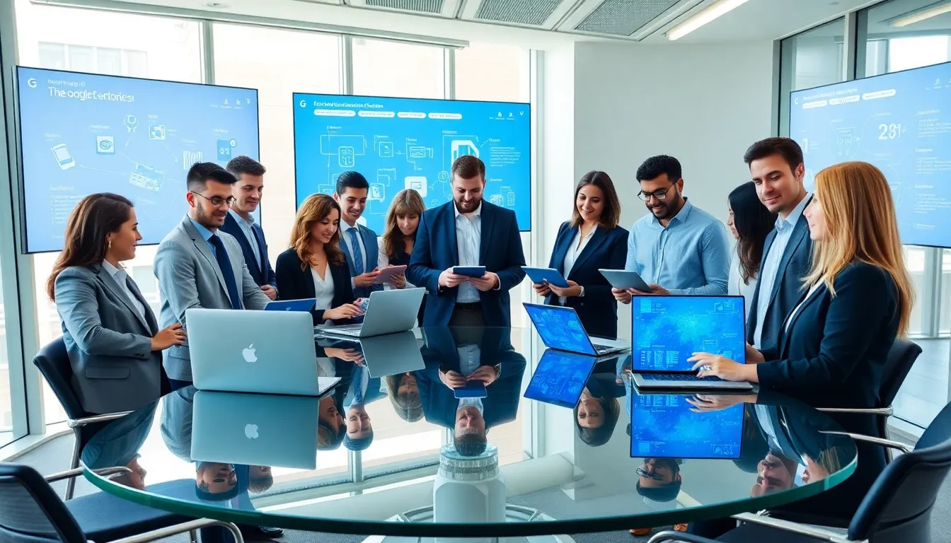 professionals discussing Google IoT in a modern office.