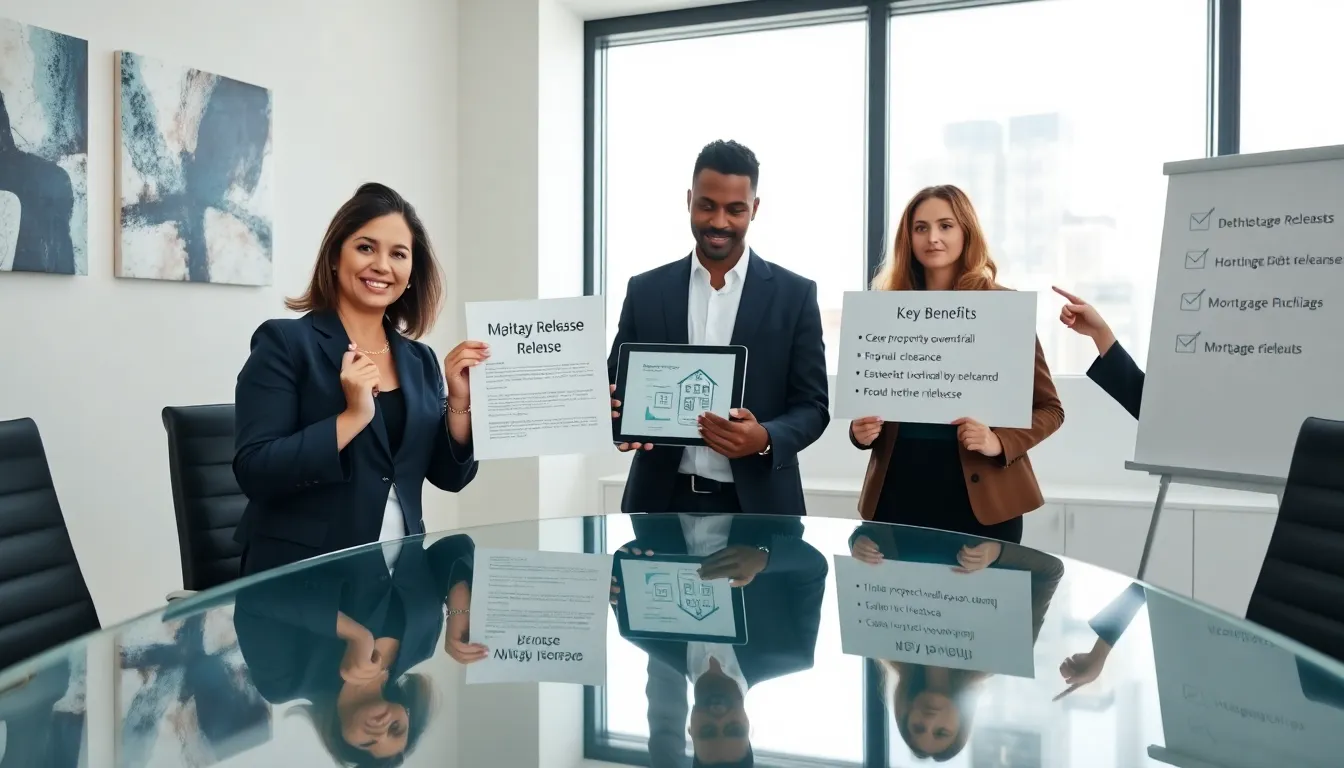 professionals discussing mortgage release in a modern office setting.