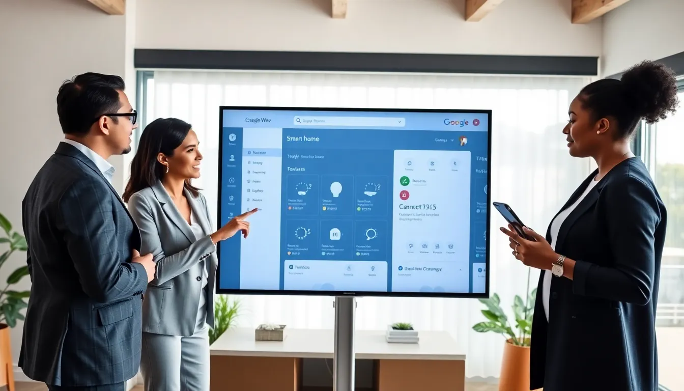 professionals discussing Google Home Web dashboard in a modern office.