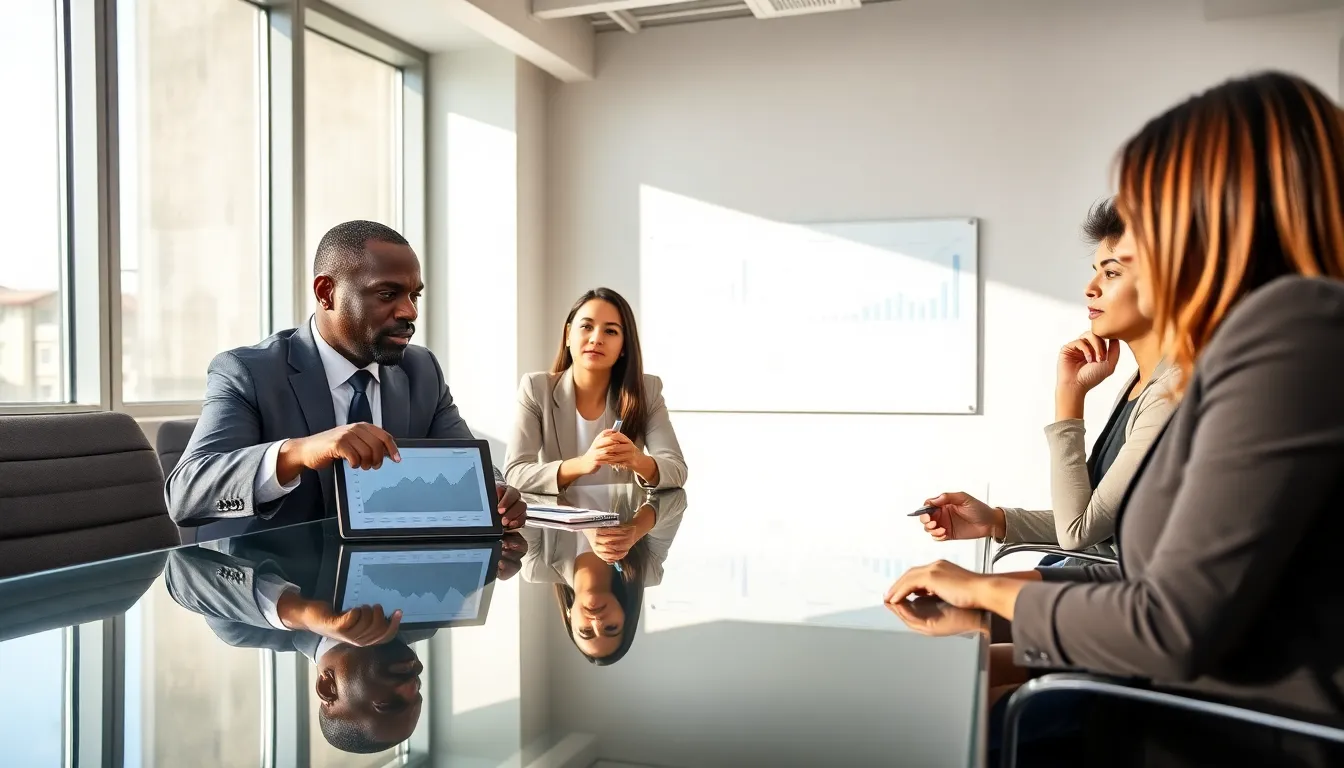 professionals discussing mortgage rates in a modern office.