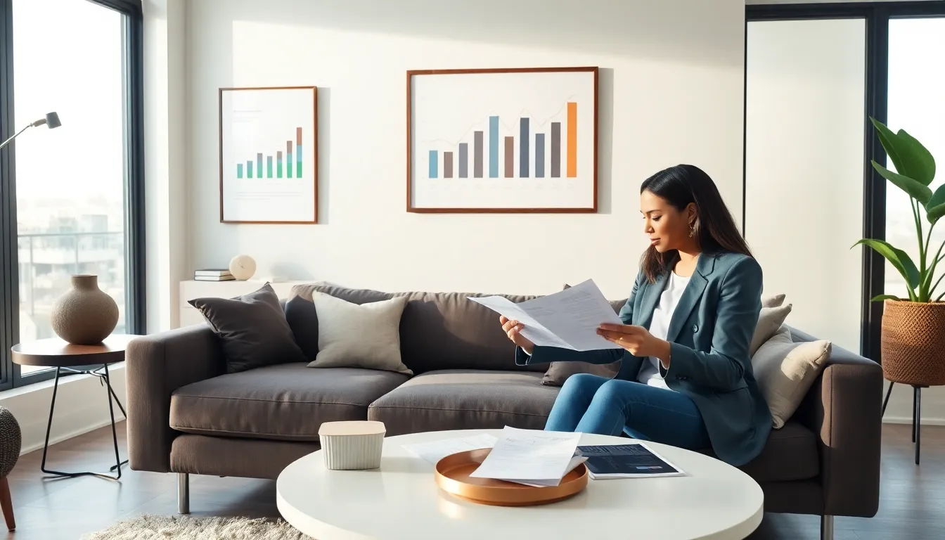 diverse couple reviewing financial documents in a stylish home