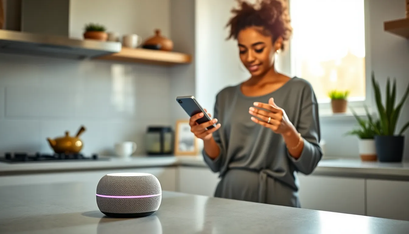 a woman interacting with a Google Home Mini in a modern kitchen.