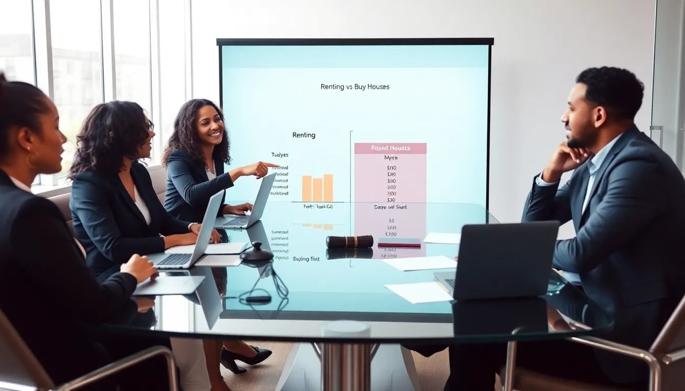 diverse team discussing renting vs buying houses in a modern office.