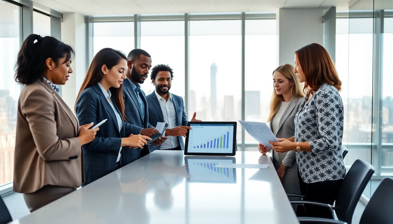 professionals discussing the NYC real estate market in a modern office.