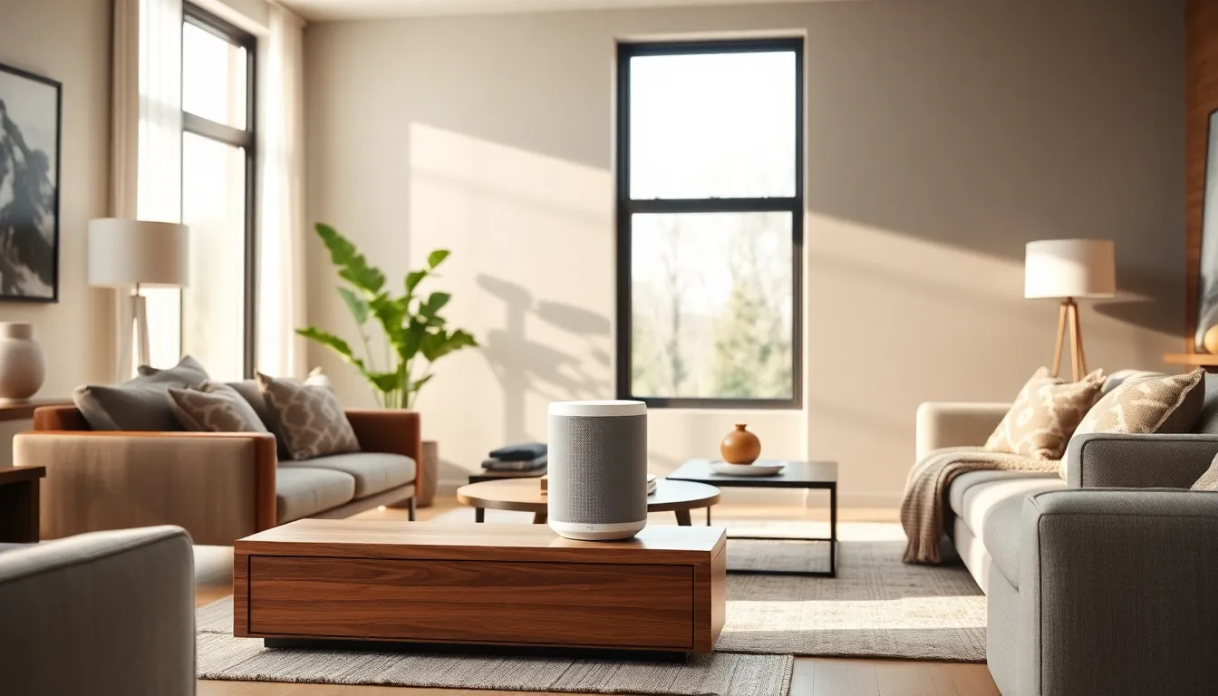 Apple HomePod displayed on a stylish wooden stand in a modern living room.