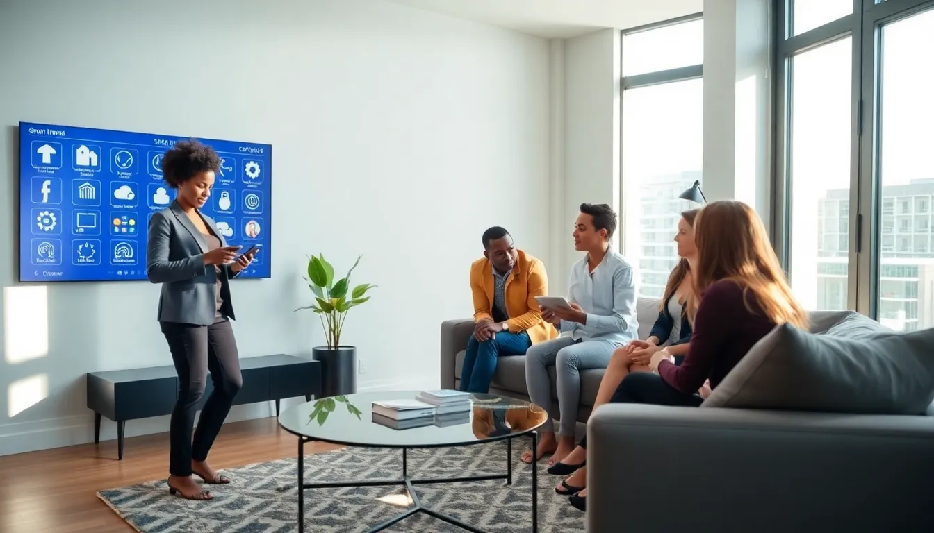 people interacting with smart home technology in a modern living room.