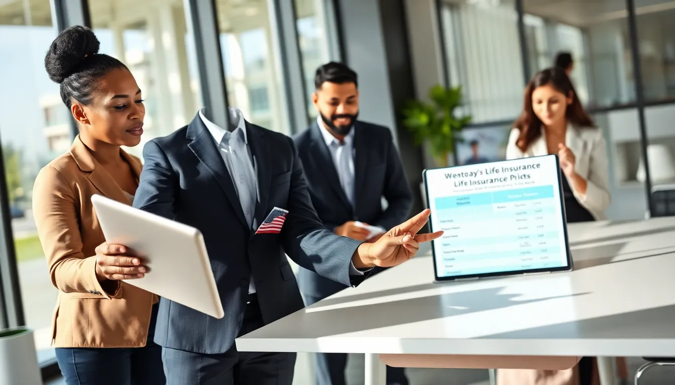 diverse professionals discussing life insurance options in a modern office.